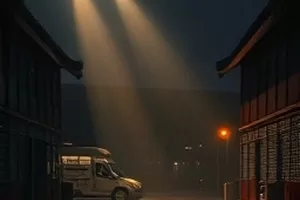《雾中来客》剧情封面,雾气中的门廊与湿漉漉的石板地